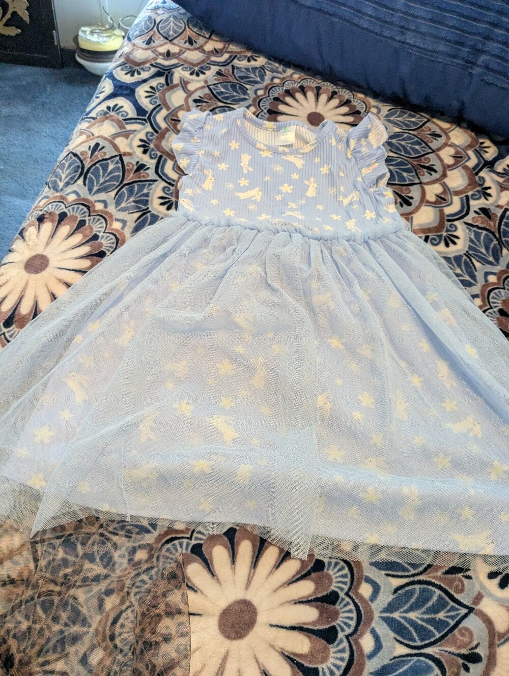 Blue Tulle Fairy Bunny Print Girls' Dress
